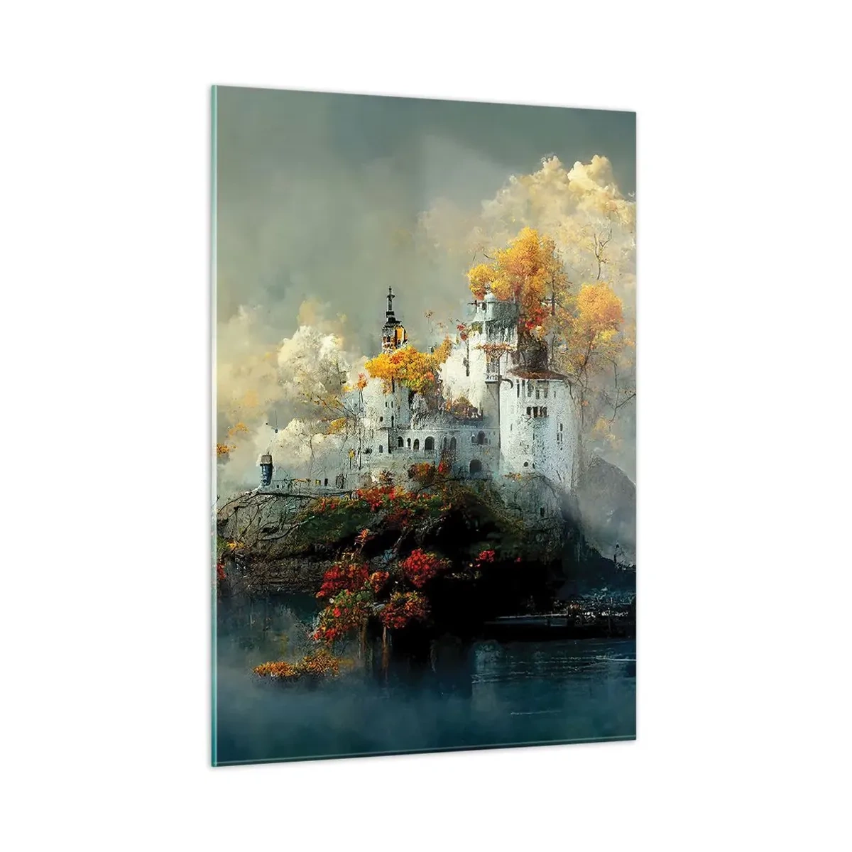 Glasbild - Bild auf glas - Eine Burg auf einem Felsen, umgeben von Nebel und Herbstbäumen - 50x70cm - Beginn einer romantischen Geschichte - Moderne Wanddekoration für Wohnzimmer und Schlafzimmer ARTTOR