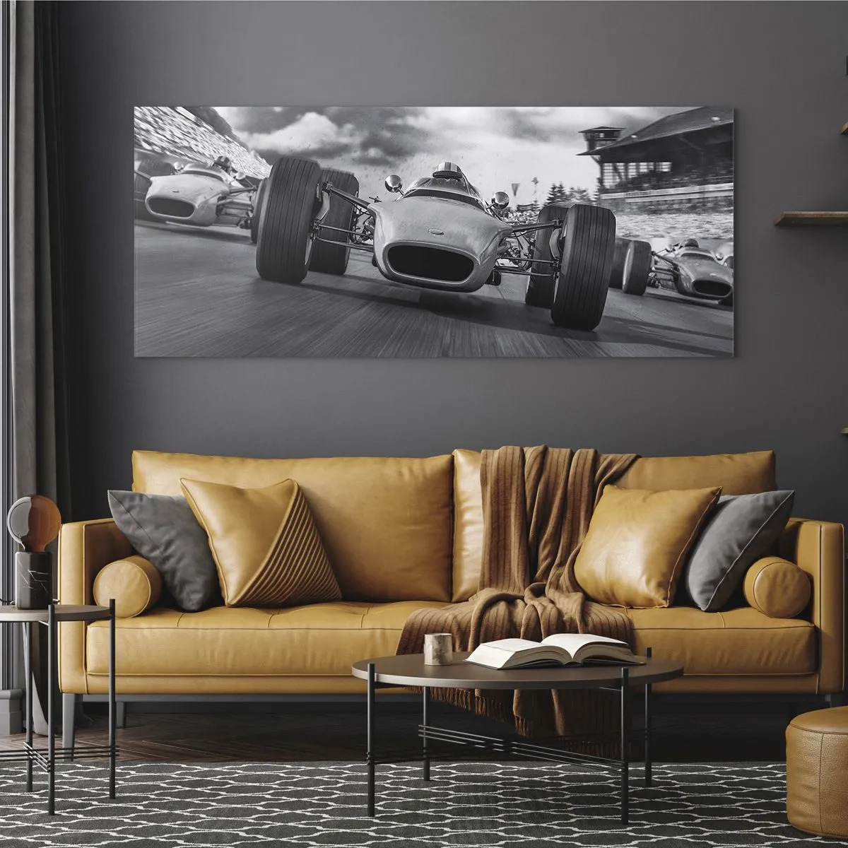 Glasbild - Bild auf glas - Oldtimerrennen in Bewegung - 120x50cm - Power ist da! - Moderne Wanddekoration für Wohnzimmer und Schlafzimmer ARTTOR