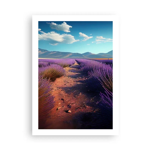 Poster - Ein Lavendelfeld bei Sonnenuntergang mit einer Berglandschaft im Hintergrund - 50x70cm - Duftende Felder - Moderne Wanddekoration für Wohnzimmer und Schlafzimmer ARTTOR
