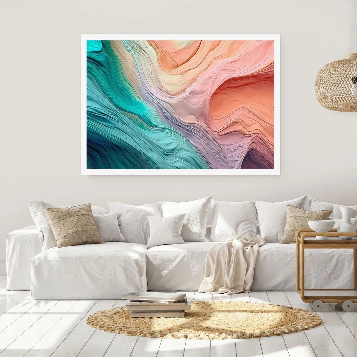 Poster - Abstrakte Wellen in Pastell- und Regenbogenfarben - 100x70cm - Regenbogenwelle - Moderne Wanddekoration für Wohnzimmer und Schlafzimmer ARTTOR