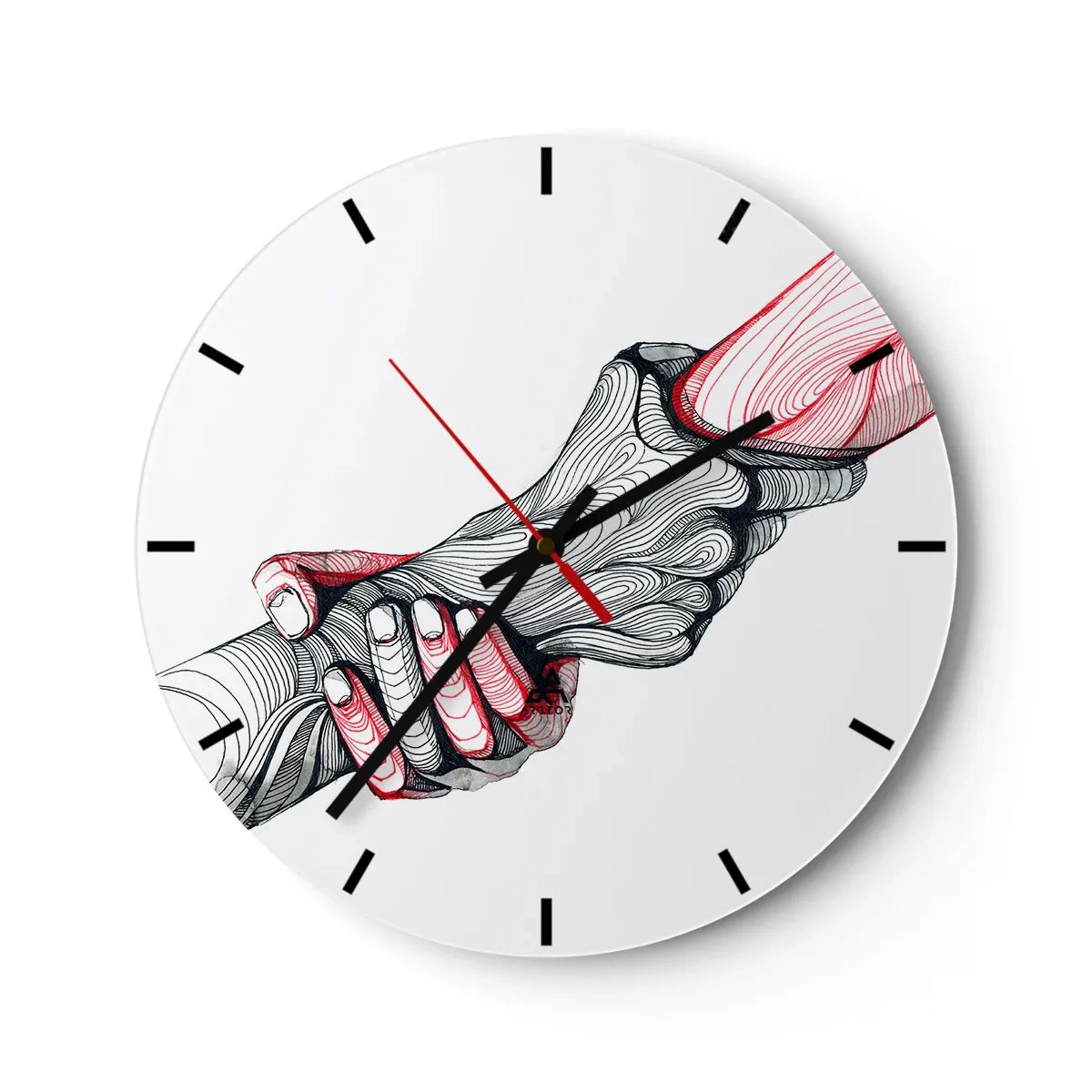 Wanduhr - Glasuhr - Künstlerische Hände beim Händedruck, schwarz-rotes Konturdesign - 30x30cm - Sie sind in guten Händen - Moderne Wanddekoration für Wohnzimmer, Küche und Schlafzimmer ARTTOR