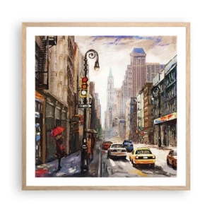 Poster in einem Rahmen aus heller Eiche - New York - auch im Regen bunt - 60x60 cm