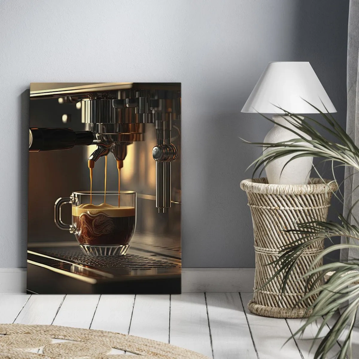 Bild auf Leinwand - Leinwandbild - Kaffeemaschine mit einer Tasse aromatischem Espresso - 50x70cm - Sinnliche Mischung - Moderne Wanddekoration für Wohnzimmer und Schlafzimmer ARTTOR