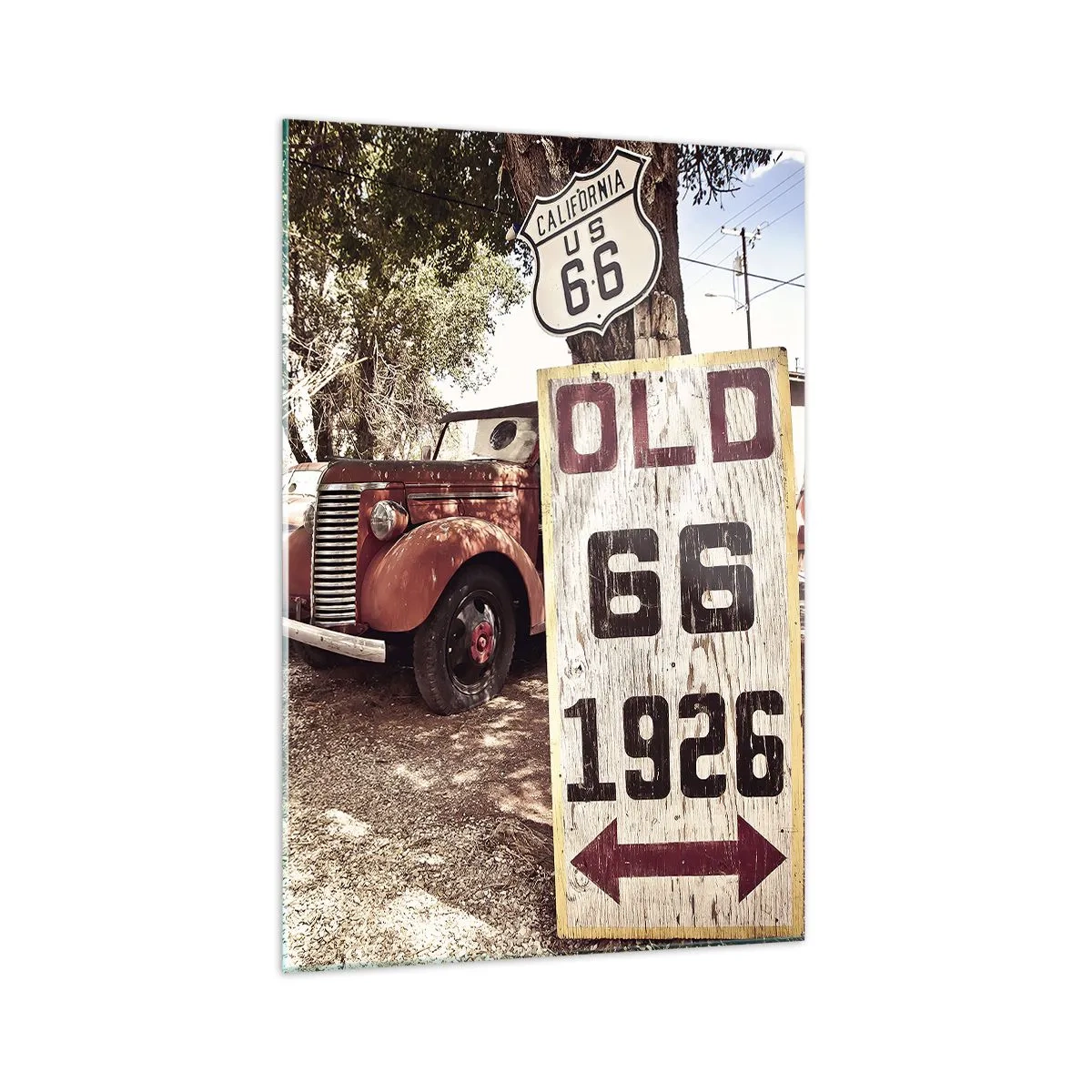 Glasbild - Bild auf glas - Retro-Auto und Route 66-Schild in rustikalem Ambiente - 70x100cm - Die Legende der amerikanischen Provinz - Moderne Wanddekoration für Wohnzimmer und Schlafzimmer ARTTOR