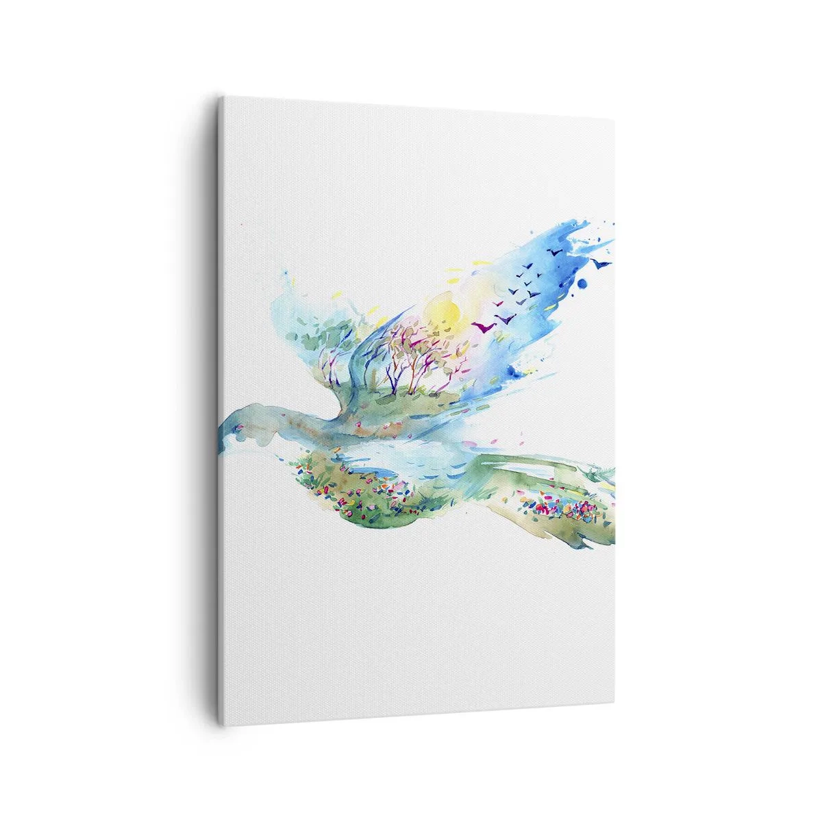 Bild auf Leinwand - Leinwandbild - Aquarellkomposition eines Vogels mit Elementen der Natur - 50x70cm - Auf den Flügeln der Natur - Moderne Wanddekoration für Wohnzimmer und Schlafzimmer ARTTOR