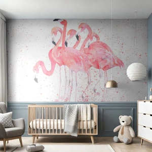 Selbstklebende Fototapete Deluxe Sticker - Rosa Ensemble - Flamingos, Vögel, Grafik - 500x350 cm