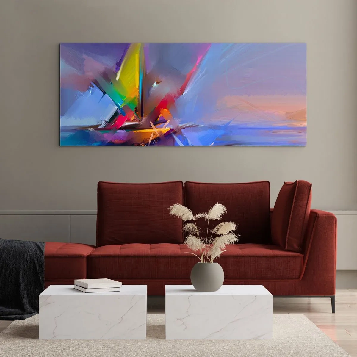 Glasbild - Bild auf glas - Abstrakte Komposition mit intensiven Farben - 140x50cm - Propeller wie ein Vogel - Moderne Wanddekoration für Wohnzimmer und Schlafzimmer ARTTOR