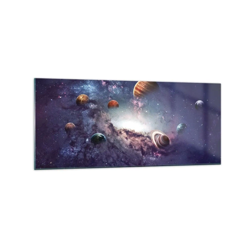 Glasbild - Bild auf glas - Planeten in einer Galaxie mit einem Nebel im Hintergrund - 120x50cm - Solar-Tanz-System - Moderne Wanddekoration für Wohnzimmer und Schlafzimmer ARTTOR