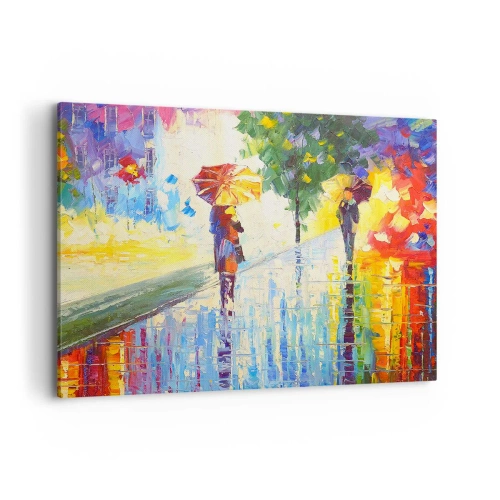 Bild auf Leinwand - Leinwandbild - Ein Spaziergang mit Regenschirm in einer farbenfrohen Regenlandschaft - 100x70cm - Und alles klar - Moderne Wanddekoration für Wohnzimmer und Schlafzimmer ARTTOR