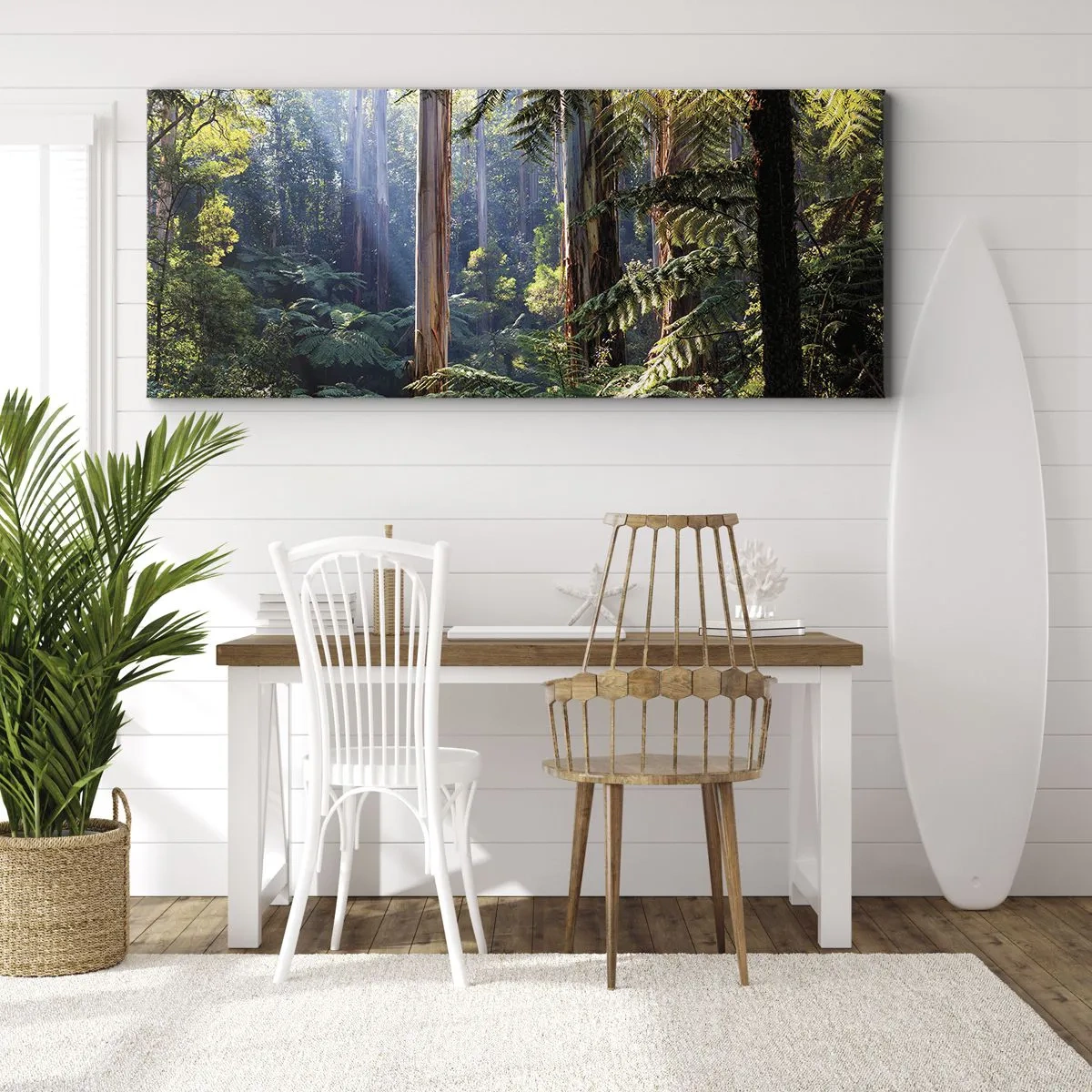 Bild auf Leinwand - Leinwandbild - Tropischer Wald, beleuchtet von den Sonnenstrahlen - 140x50cm - Ein Waldmärchen - Moderne Wanddekoration für Wohnzimmer und Schlafzimmer ARTTOR