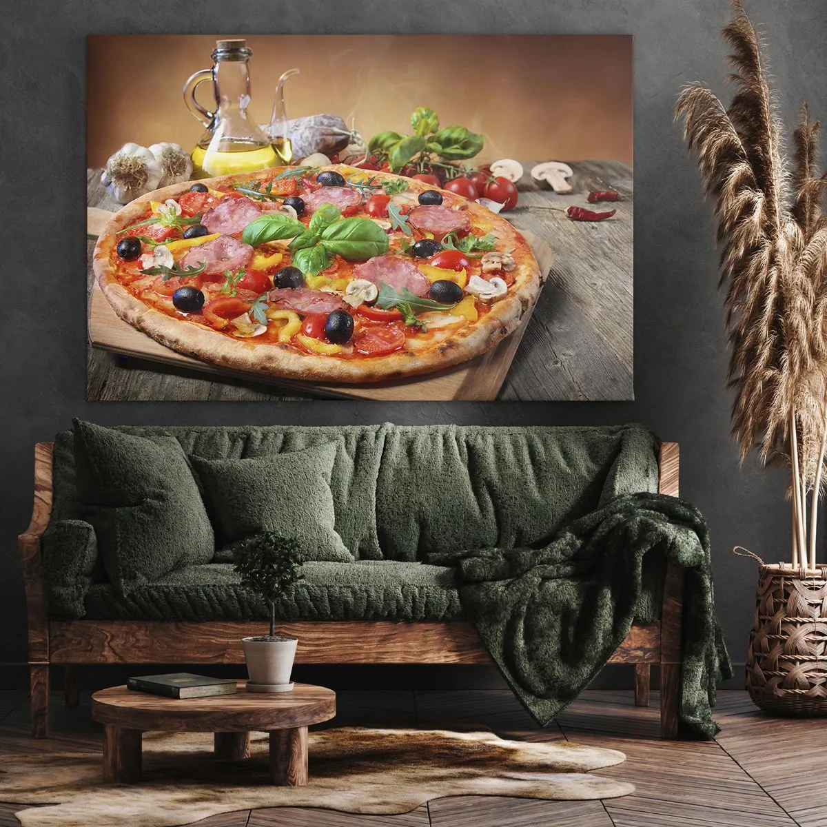 Bild auf Leinwand - Leinwandbild - Appetitliche Pizza auf einem Holztisch mit Belag - 120x80cm - Mit echtem italienischem Flair - Moderne Wanddekoration für Wohnzimmer und Schlafzimmer ARTTOR