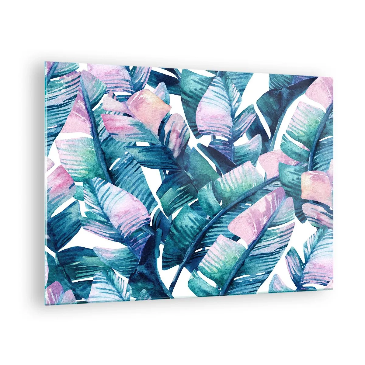 Glasbild - Bild auf glas - Bananenblätter in Pastelltönen auf weißem Hintergrund - 70x50cm - In einem Bananenhain - Moderne Wanddekoration für Wohnzimmer und Schlafzimmer ARTTOR