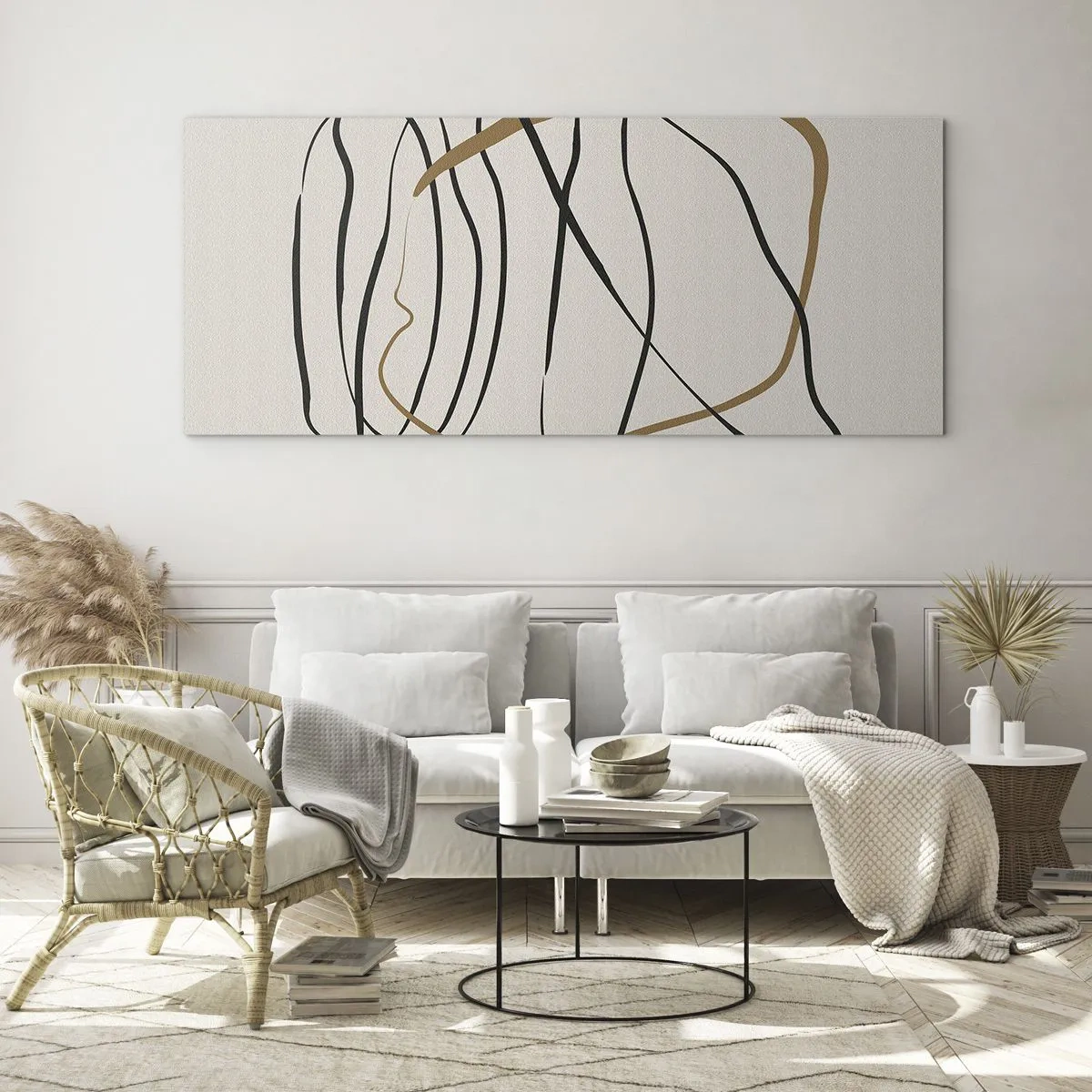 Glasbild - Bild auf glas - Künstlerische Linien in Schwarz und Gold auf hellem Hintergrund - 140x50cm - Komposition – Looptanz - Moderne Wanddekoration für Wohnzimmer und Schlafzimmer ARTTOR