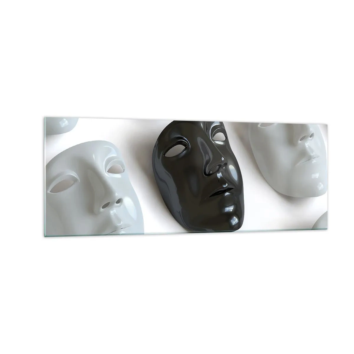 Glasbild - Bild auf glas - Schwarz-weiße Masken auf hellem Hintergrund - 140x50cm - Wie hebt man sich ab? - Moderne Wanddekoration für Wohnzimmer und Schlafzimmer ARTTOR