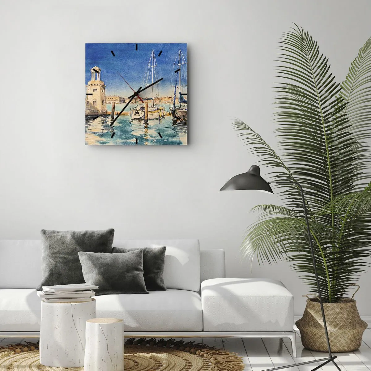 Wanduhr - Glasuhr - Yachthafen mit Booten vor der Kulisse einer blauen Lagune - 30x30cm - Sonnige Lagune - Moderne Wanddekoration für Wohnzimmer und Schlafzimmer ARTTOR