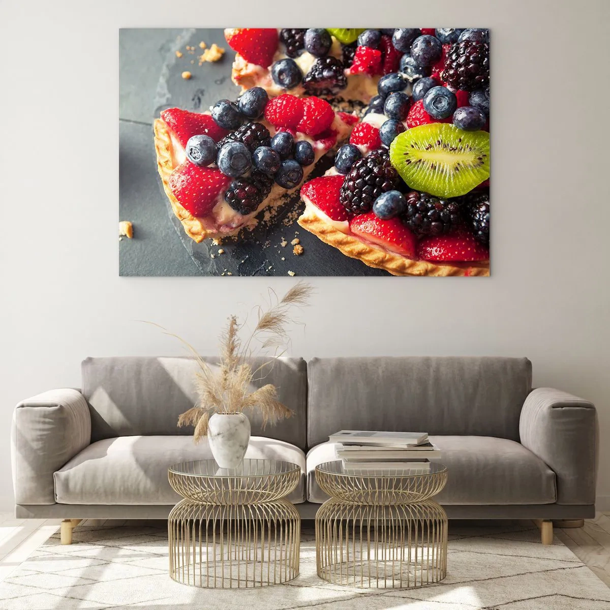 Glasbild - Bild auf glas - Obsttorte mit Blaubeeren, Kiwi und Erdbeeren - 120x80cm - Dolce Vita! - Moderne Wanddekoration für Wohnzimmer und Schlafzimmer ARTTOR