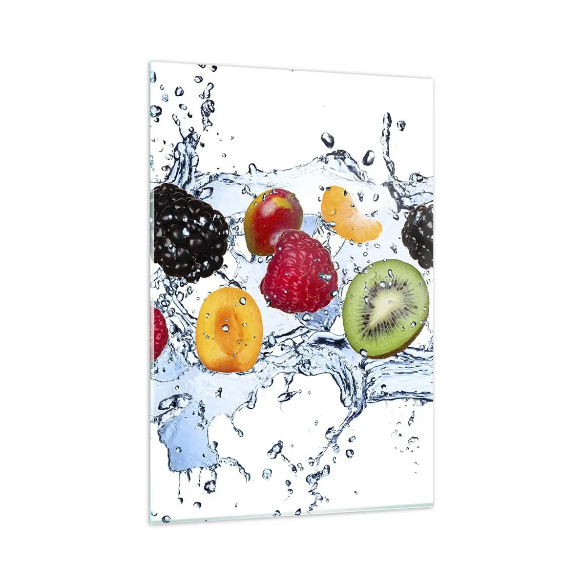 Glasbild - Bild auf glas - Bunte Früchte in Wasserspritzern auf weißem Hintergrund eingetaucht - 80x120cm - Viel Spaß mit uns - Moderne Wanddekoration für Wohnzimmer und Schlafzimmer ARTTOR