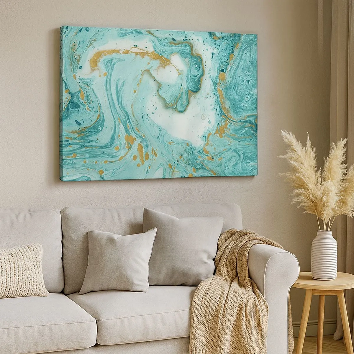 Bild auf Leinwand - Leinwandbild - Türkisfarbener Marmor mit goldenen Akzenten in einer abstrakten Komposition - 70x50cm - Unter der großen Welle der Edo-Ära - Moderne Wanddekoration für Wohnzimmer und Schlafzimmer ARTTOR