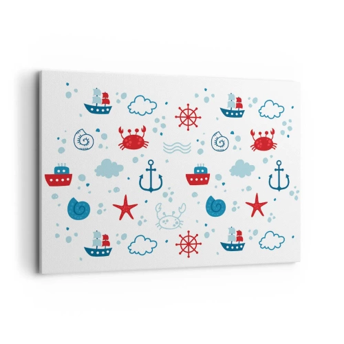 Bild auf Leinwand - Leinwandbild - Nautisches Muster mit Ankern, Schiffen und Krabben - 100x70cm - Märchen vom Meer - Moderne Wanddekoration für Wohnzimmer und Schlafzimmer ARTTOR