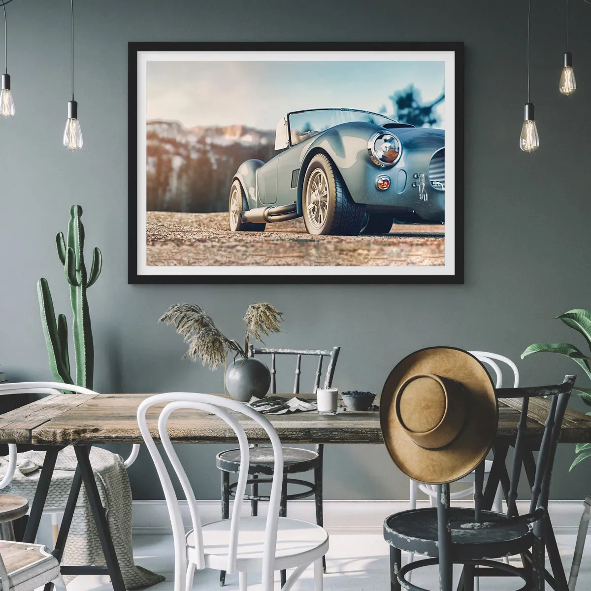 Poster in einem schwarzem Rahmen - Klassisches Cabrio in malerischer Umgebung - 100x70cm - Denn Stil zählt - Moderne Wanddekoration für Wohnzimmer und Schlafzimmer ARTTOR