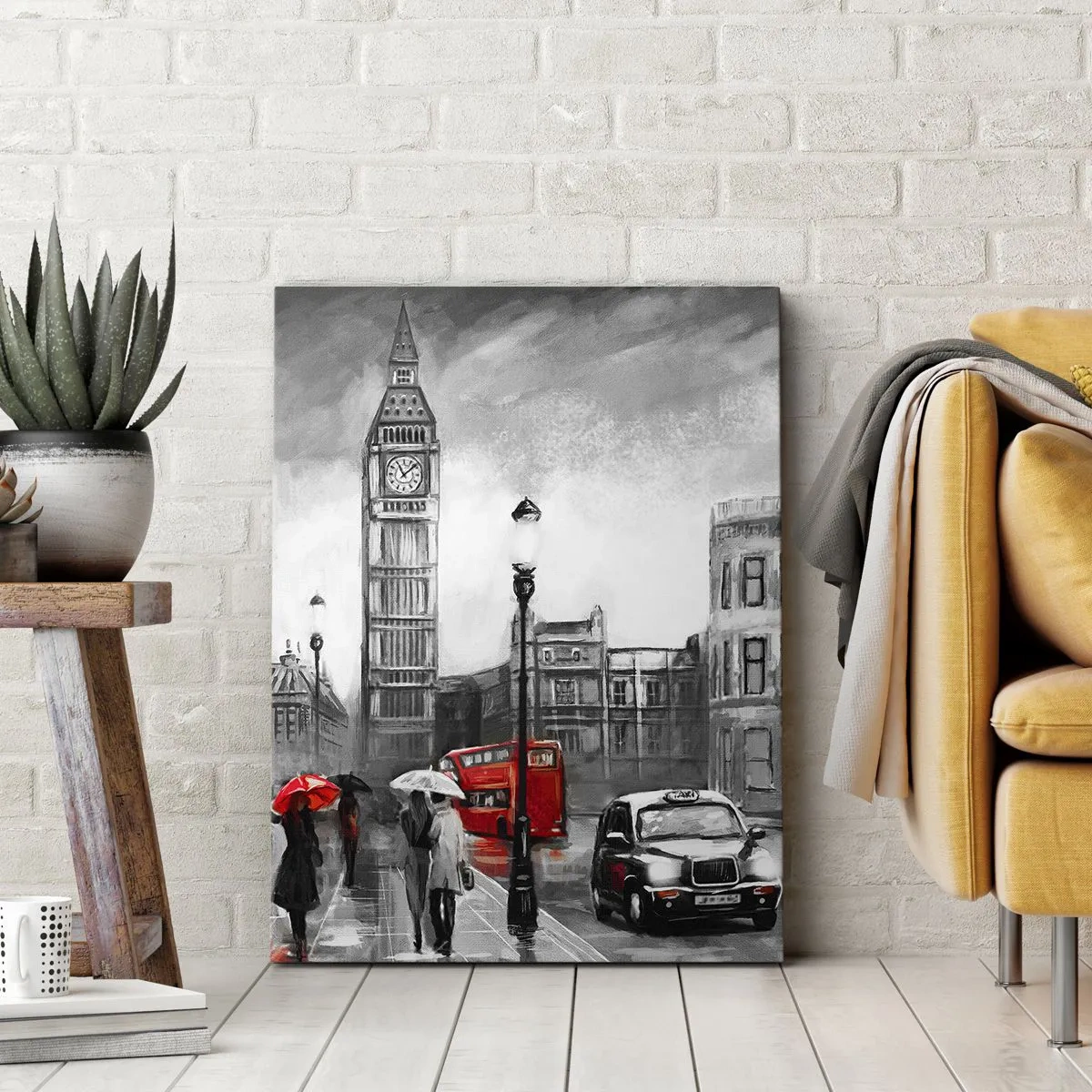 Bild auf Leinwand - Leinwandbild - Eine Londoner Szene in Schwarzweiß mit roten Akzenten - 50x70cm - Gar keine graue Stadt - Moderne Wanddekoration für Wohnzimmer und Schlafzimmer ARTTOR