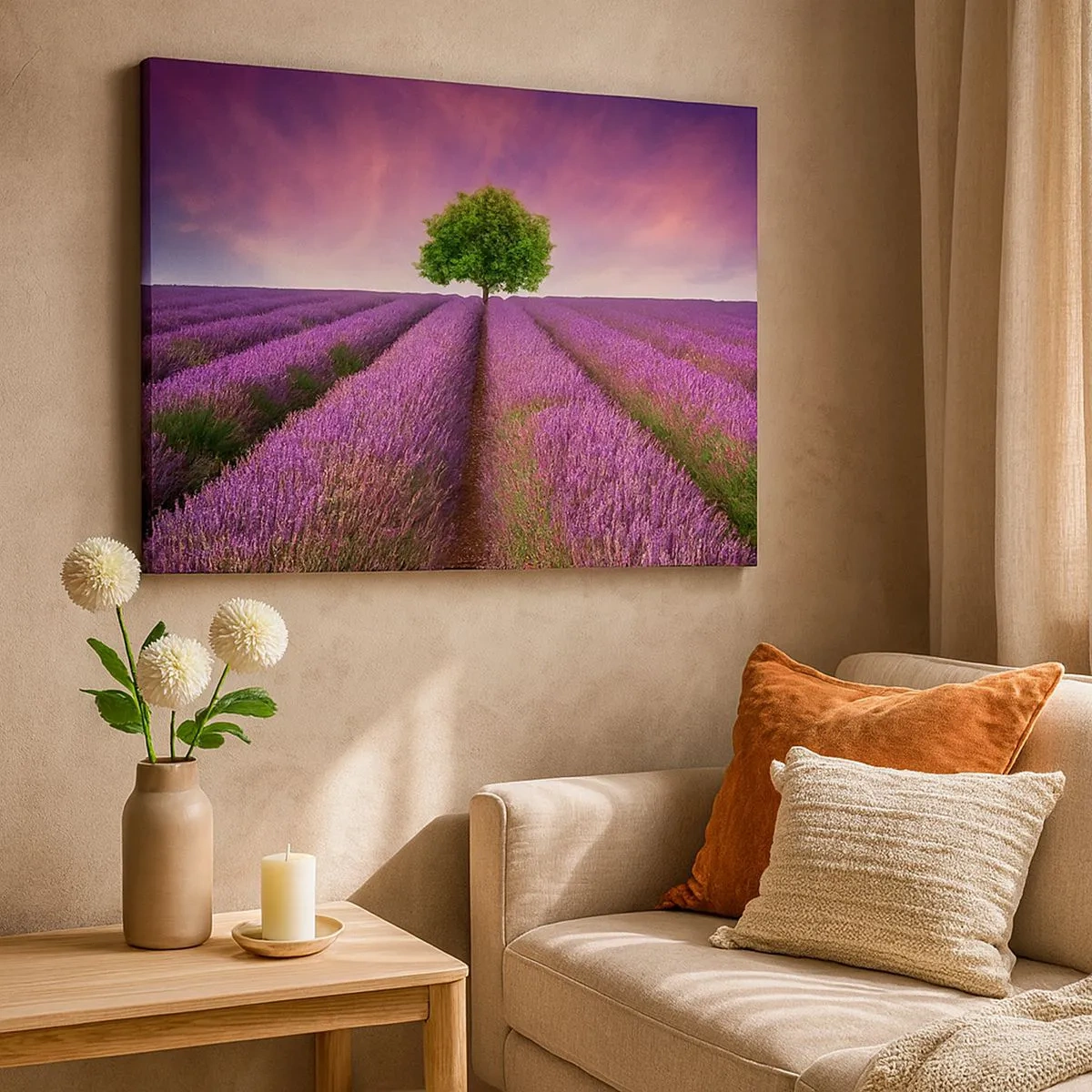 Bild auf Leinwand - Leinwandbild - Ein Lavendelfeld mit einem einsamen Baum und einem violetten Himmel - 70x50cm - Auf Lavendelfeldern - Moderne Wanddekoration für Wohnzimmer und Schlafzimmer ARTTOR