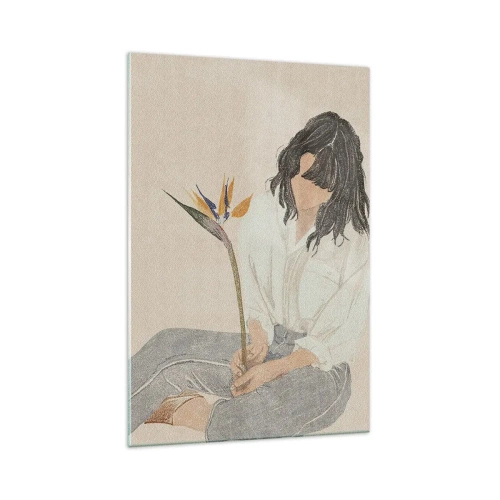 Glasbild - Bild auf glas - Porträt mit einer exotischen Blume - 70x100 cm