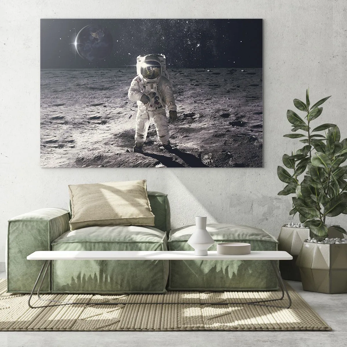 Glasbild - Bild auf glas - Astronaut auf der Mondoberfläche mit der Erde im Hintergrund - 100x70cm - Grüße vom Mond - Moderne Wanddekoration für Wohnzimmer und Schlafzimmer ARTTOR