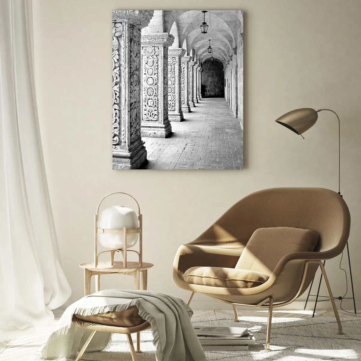 Glasbild - Bild auf glas - Historischer Kreuzgang mit geschnitzten Säulen - 50x70cm - Und wo geht’s hin...? - Moderne Wanddekoration für Wohnzimmer und Schlafzimmer ARTTOR