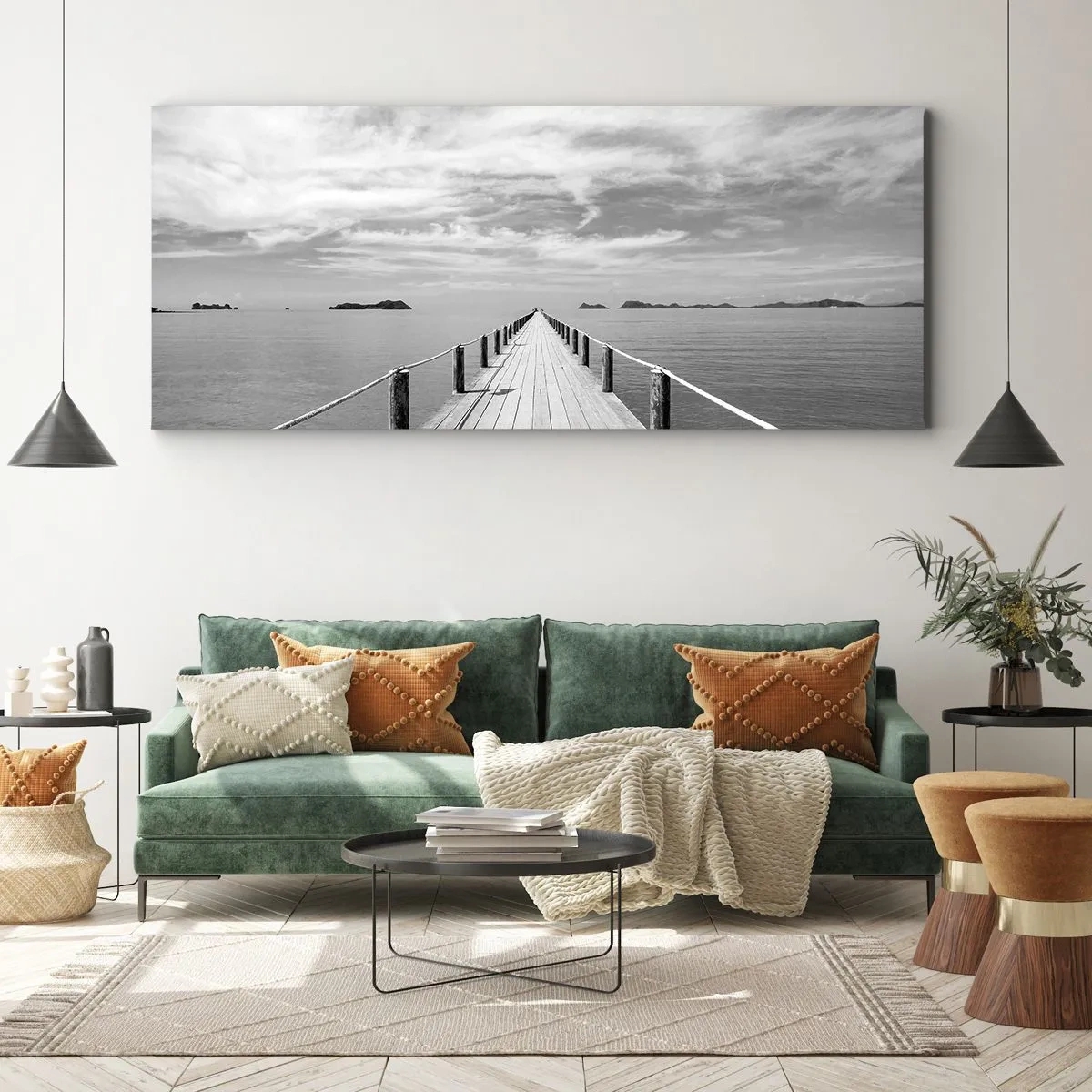 Bild auf Leinwand - Leinwandbild - Ein Holzsteg, der über ein ruhiges Meer in die Ferne führt - 120x50cm - Oder vielleicht eine Reise ... - Moderne Wanddekoration für Wohnzimmer und Schlafzimmer ARTTOR