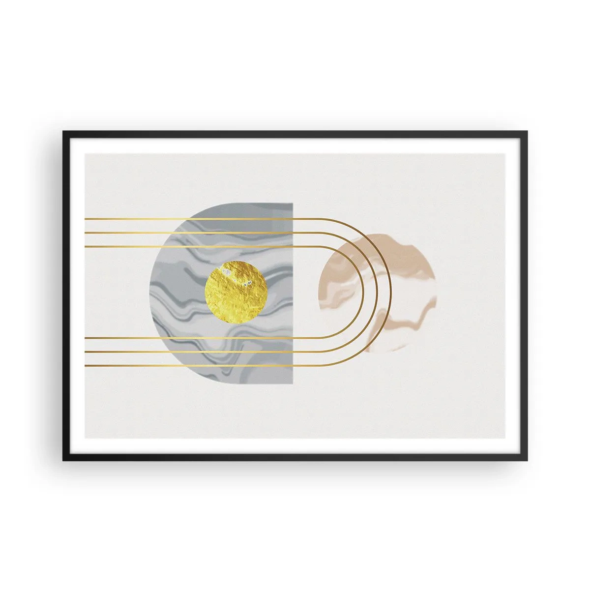 Poster in einem schwarzem Rahmen - Abstrakte Komposition mit Kreisen und goldenen Linien auf hellem Hintergrund. - 100x70cm - Helligkeit und Brillanz - Moderne Wanddekoration für Wohnzimmer und Schlafzimmer ARTTOR