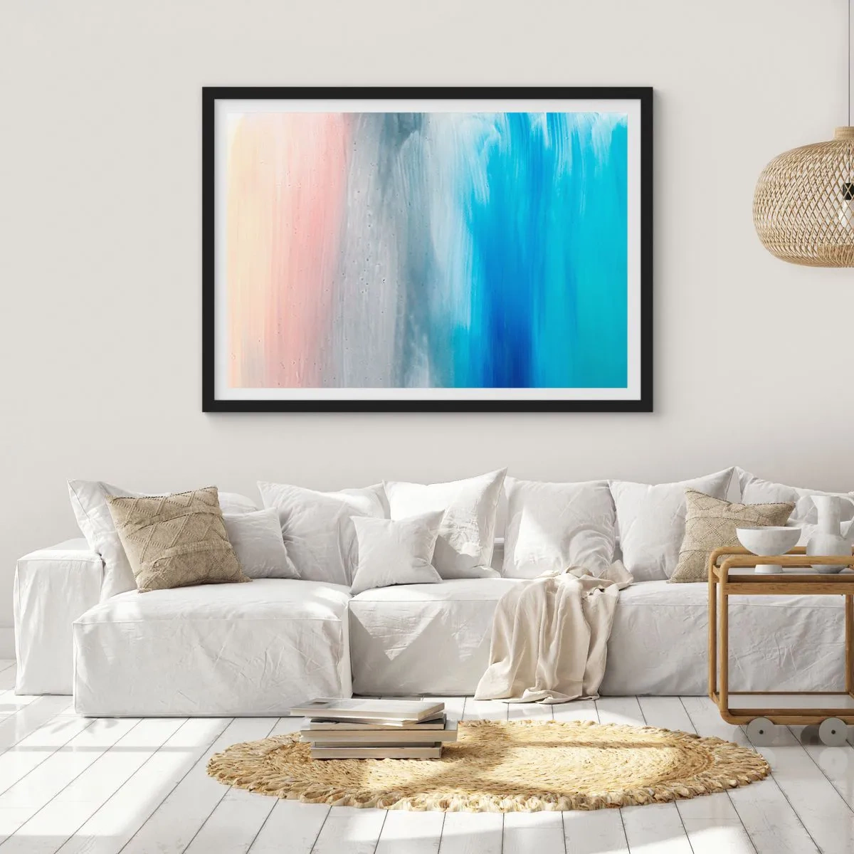 Poster in einem schwarzem Rahmen - Abstrakte Pinselstriche in Blau- und Rosatönen - 70x50cm - Elemente: Luft - Moderne Wanddekoration für Wohnzimmer und Schlafzimmer ARTTOR