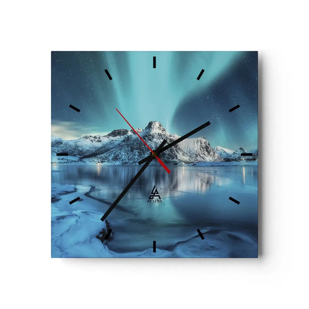 Wanduhr - Glasuhr - Aurora Borealis über schneebedeckten Bergen und einem See - 30x30cm - Lichtnacht - Moderne Wanddekoration für Wohnzimmer und Schlafzimmer ARTTOR