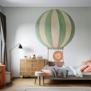 Fototapete Premium Canvas - Ein Ballon mit einem lächelnden Löwen in einem pastellfarbenen Korb - 100x70cm - Leons Reisen - Moderne Wanddekoration für Wohnzimmer und Schlafzimmer ARTTOR