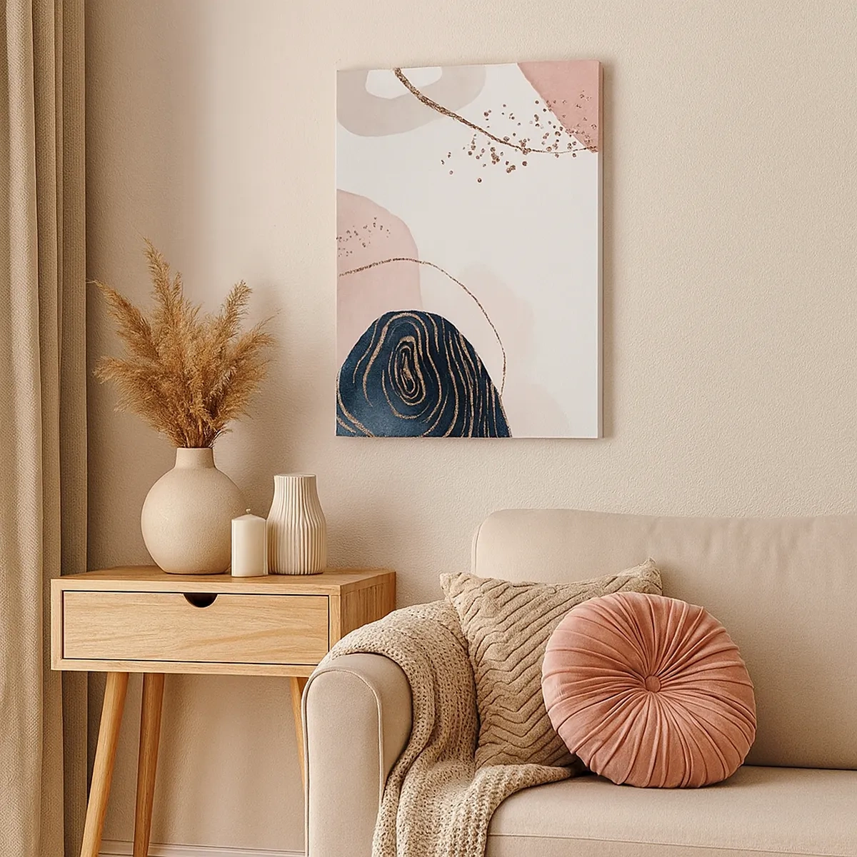 Bild auf Leinwand - Leinwandbild - Abstrakte Formen in Beige- und Marineblautönen mit goldenen Details - 50x70cm - Alles fließt - Moderne Wanddekoration für Wohnzimmer und Schlafzimmer ARTTOR