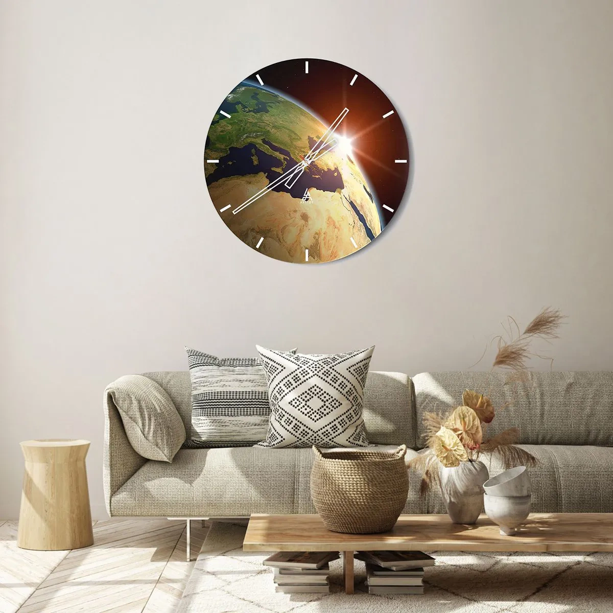 Wanduhr - Glasuhr - Blick auf die Erde aus dem Weltraum mit Sonnenstrahlen am Horizont - 30x30cm - Sonnenaufgang - Moderne Wanddekoration für Wohnzimmer, Küche und Schlafzimmer ARTTOR