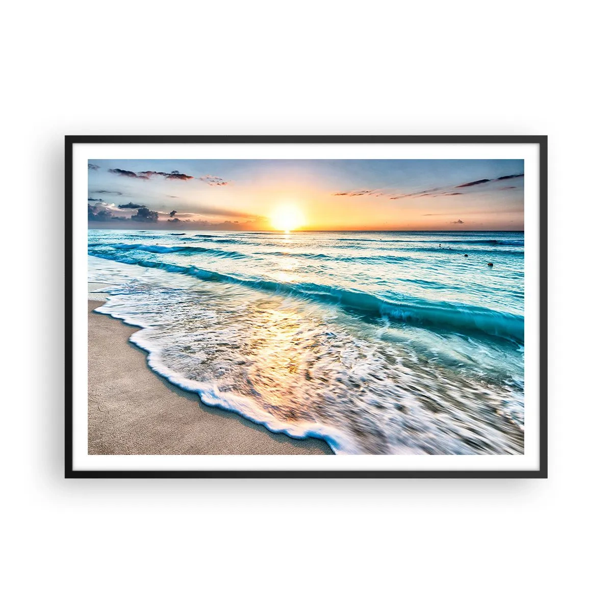Poster in einem schwarzem Rahmen - Sonnenaufgang über einem ruhigen Strand mit Wellen - 100x70cm - Ein Blick lohnt sich - Moderne Wanddekoration für Wohnzimmer und Schlafzimmer ARTTOR