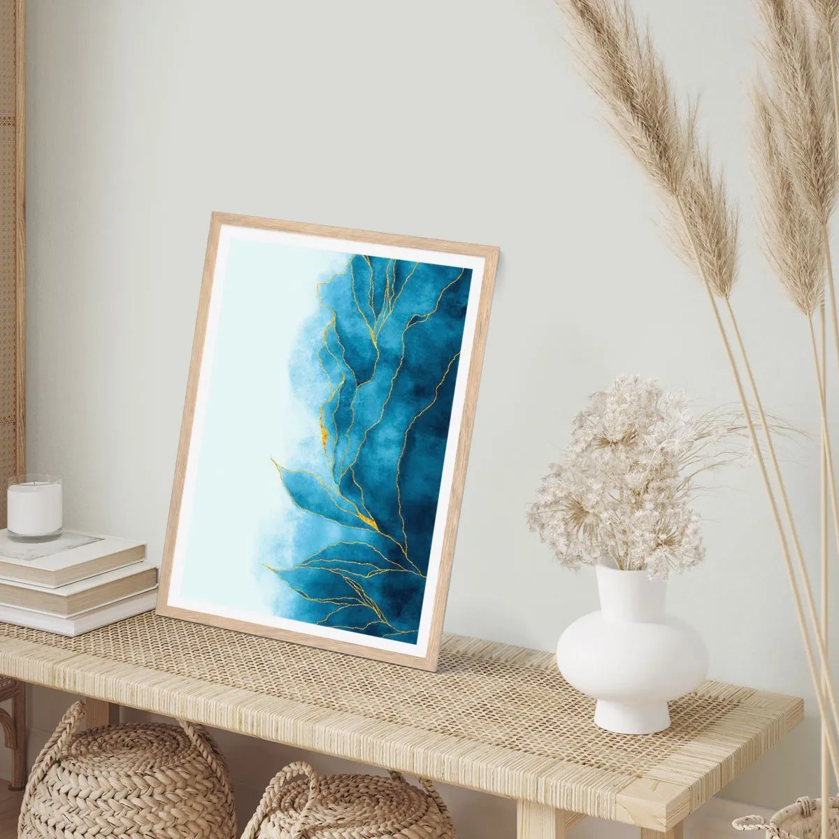 Poster in einem Rahmen aus heller Eiche - Blau im Gold - 61x91 cm