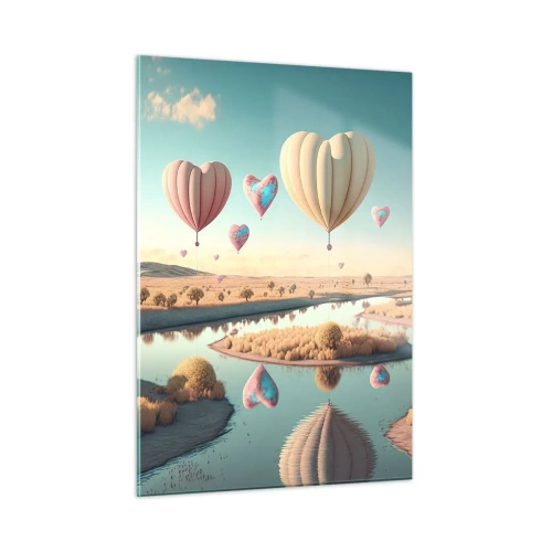 Glasbild - Bild auf glas - Herzförmige Ballons über einer Märchenlandschaft mit Fluss - 50x70cm - Dank Liebe steigt man auf - Moderne Wanddekoration für Wohnzimmer und Schlafzimmer ARTTOR