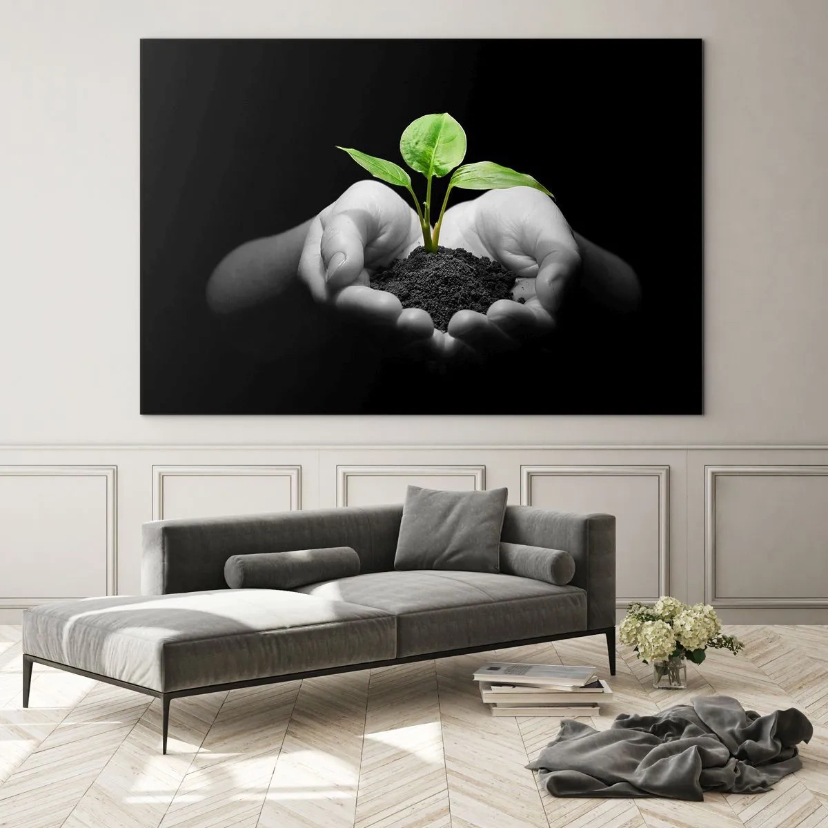 Glasbild - Bild auf glas - Eine junge Pflanze in den Händen vor schwarzem Hintergrund - 100x70cm - Ich liebe die Natur, ich beschütze sie - Moderne Wanddekoration für Wohnzimmer und Schlafzimmer ARTTOR