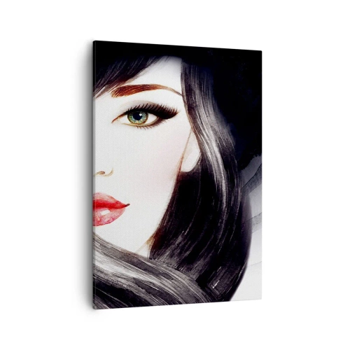 Bild auf Leinwand - Leinwandbild - Porträt einer Frau mit ausdrucksstarkem Blick und roten Lippen - 50x70cm - Saphir-Optik - Moderne Wanddekoration für Wohnzimmer und Schlafzimmer ARTTOR