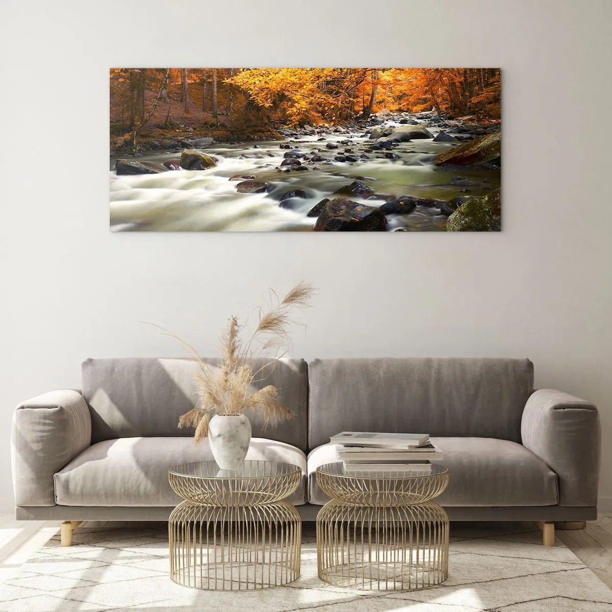 Glasbild - Bild auf glas - Ein Bach in einem goldenen Wald - 90x30 cm