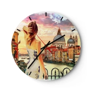 Wanduhr - Glasuhr - Eine Frau bewundert einen malerischen Sonnenuntergang über Venedig - 30x30cm - Als Abenteuer nur in ... - Moderne Wanddekoration für Wohnzimmer, Küche und Schlafzimmer ARTTOR