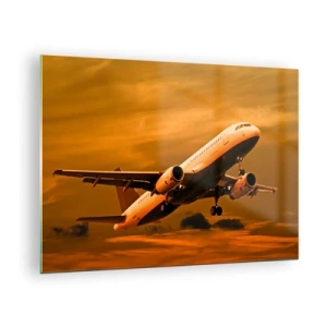 Glasbild - Bild auf glas - Ein Flugzeug, das vor einem orangefarbenen Himmel abhebt - 70x50cm - Flug der Sonne entgegen - Moderne Wanddekoration für Wohnzimmer und Schlafzimmer ARTTOR