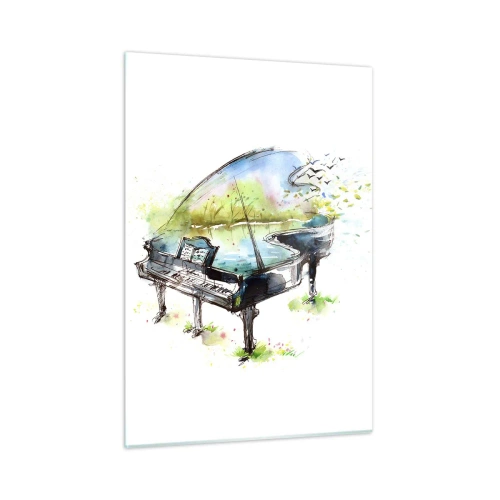 Glasbild - Bild auf glas - Aquarell eines Klaviers inmitten der Natur - 50x70cm - Von Musik verzaubert - Moderne Wanddekoration für Wohnzimmer und Schlafzimmer ARTTOR