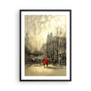 Poster in einem schwarzem Rahmen - Eine Figur in einem roten Mantel vor dem Hintergrund einer Winterstadt - 50x70cm - Ein Date im Londoner Nebel - Moderne Wanddekoration für Wohnzimmer und Schlafzimmer ARTTOR