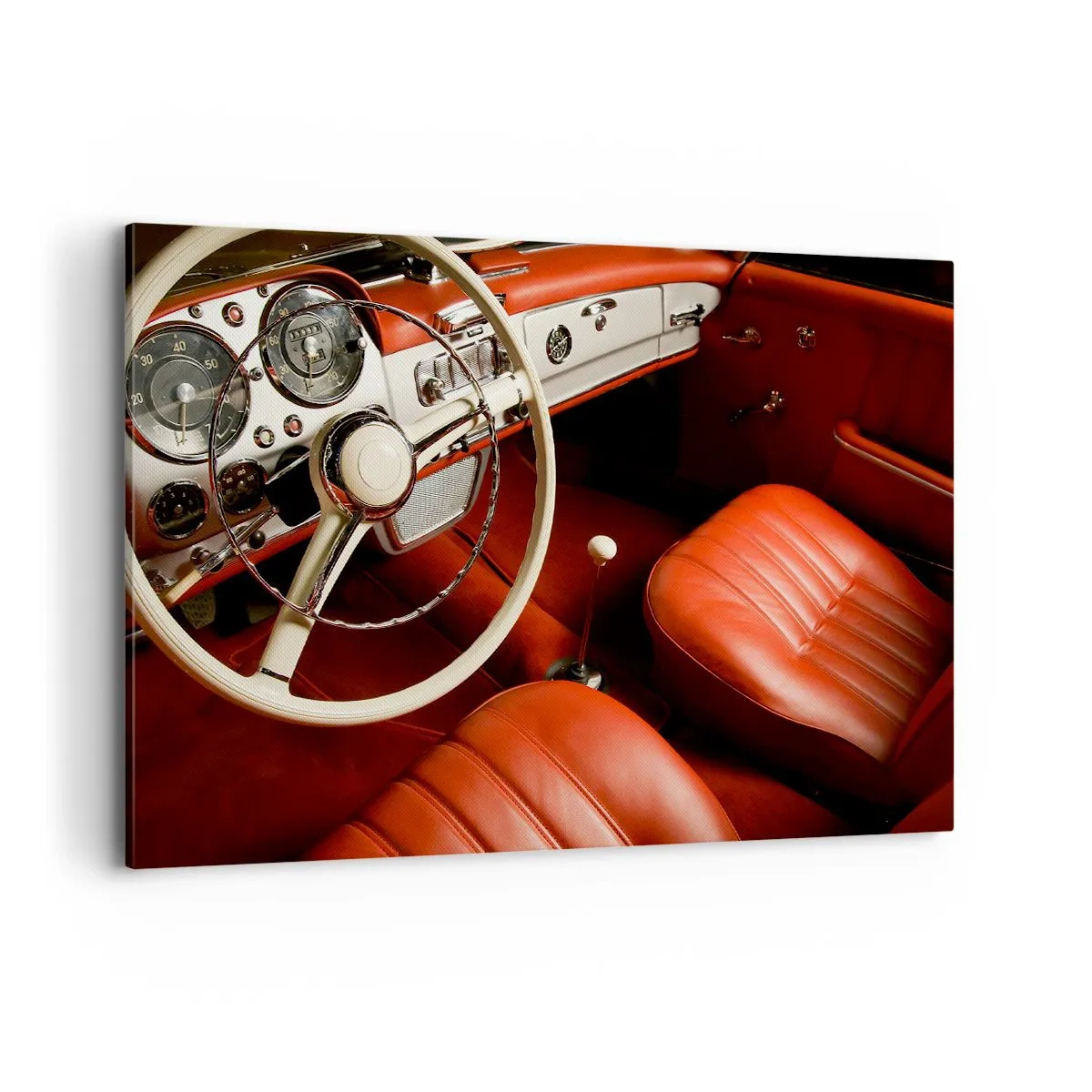 Bild auf Leinwand - Leinwandbild - Oldtimer-Innenraum mit roten Ledersitzen - 100x70cm - Luxus im Vintagestil - Moderne Wanddekoration für Wohnzimmer und Schlafzimmer ARTTOR