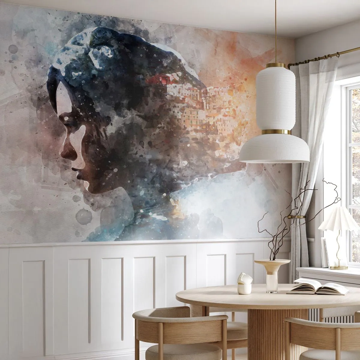 Selbstklebende Fototapete Deluxe Sticker - Eine Geschichte über ein Mädchen mit einer Stadt im Hintergrund - Abstraktion, Frau, Die Architektur - 350x256 cm