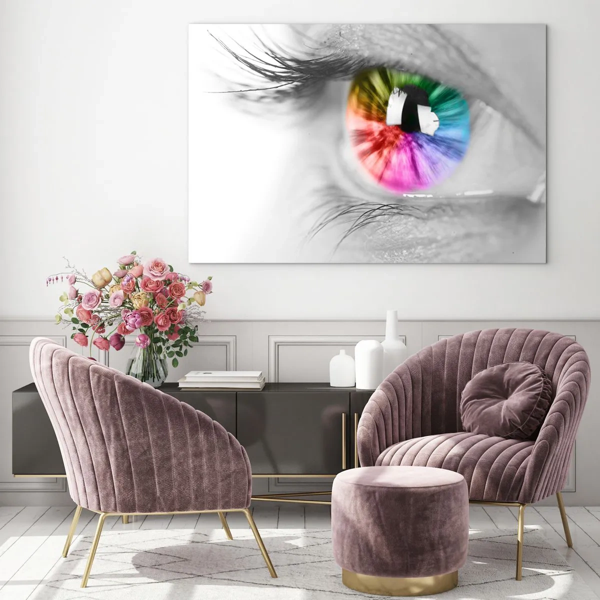 Glasbild - Bild auf glas - Bunte Iris auf einem schwarz-weißen Hintergrund - 120x80cm - Schau dir die Welt in Farbe an - Moderne Wanddekoration für Wohnzimmer und Schlafzimmer ARTTOR