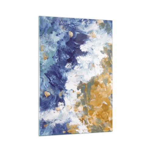 Glasbild - Bild auf glas - Abstraktion in Blau-, Weiß- und Goldtönen - 70x100cm - Tanz der Naturelemente - Moderne Wanddekoration für Wohnzimmer und Schlafzimmer ARTTOR